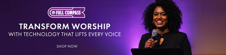 Full Compass Transform Worship banner with a smiling woman at a microphone on a purple gradient background; includes 'Shop Now' CTA.