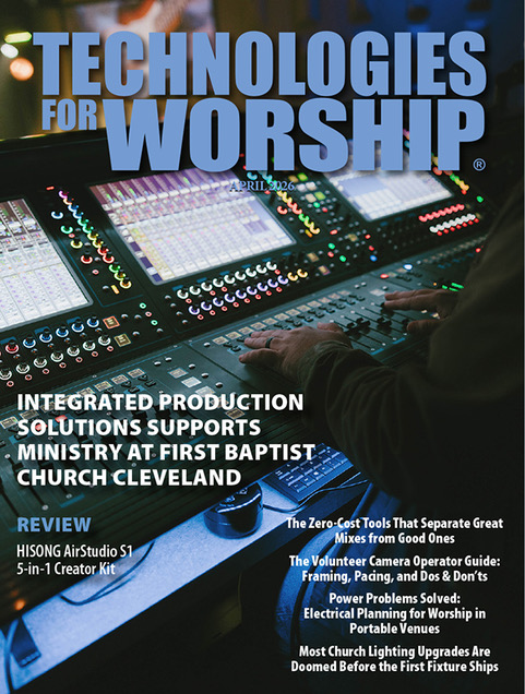 Technologies for Worship magazine cover featuring a sound mixing console and hands adjusting controls.