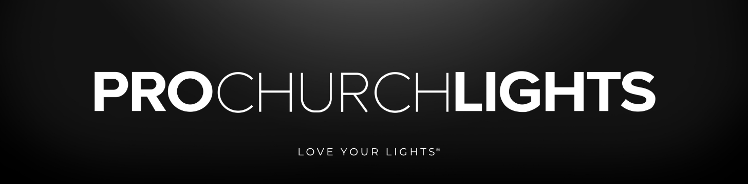 Logo banner for Pro Church Lights with bold white text on a black gradient and the tagline 'LOVE YOUR LIGHTS' underneath.