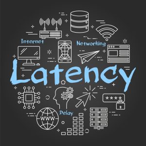 Graphic illustrating networking latency, with the large blue word 'Latency' and icons for servers, Wi‑Fi, globe, and devices surrounding it for context.